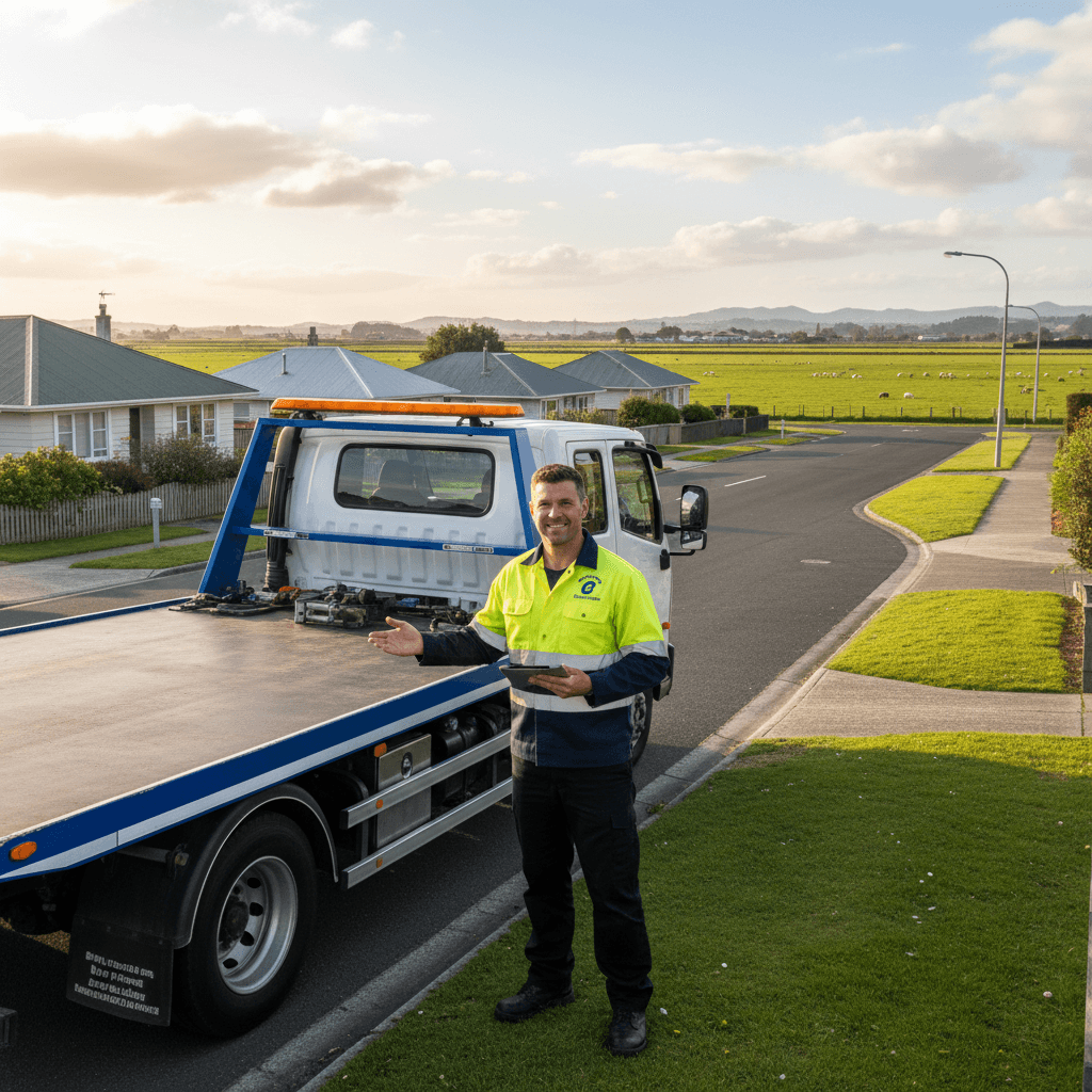 Team member standing beside a tow truck in a suburban Ashburton street